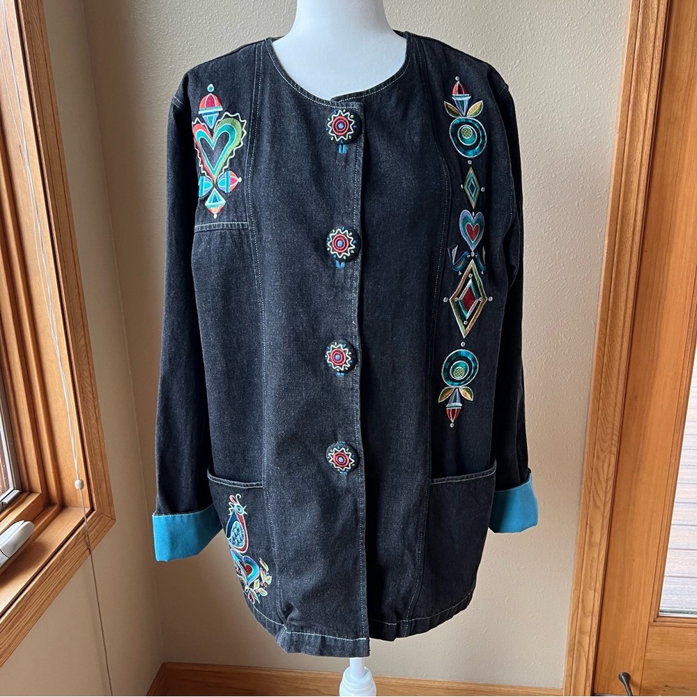 BOB MACKIE Wearable Art Jacket Women’s L 90's Embroidered Black Denim Barn Coat